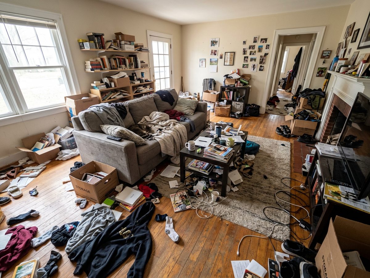 Soggiorno in disordine prima dell'home staging